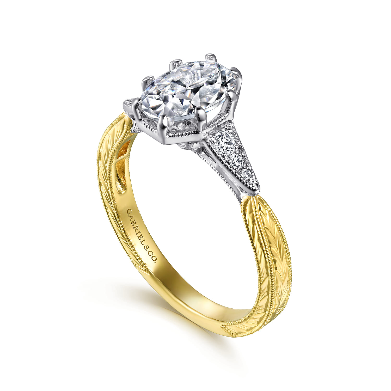 Oval Vintage Inspired Diamond Engagement Ring in 14K White/Yellow Gold, photograph 3