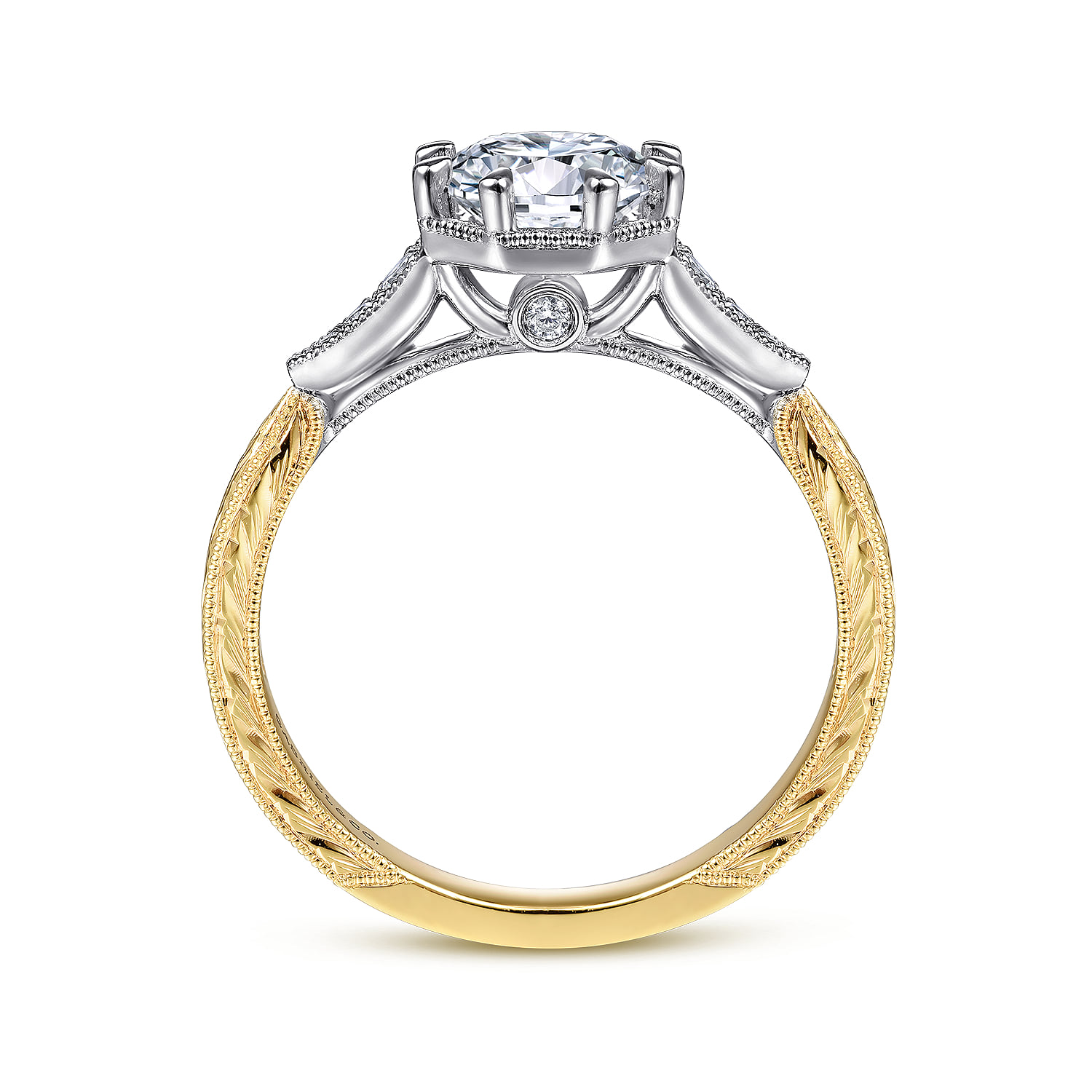 Round Vintage Inspired Diamond Channel Set Engagement Ring in 14K White/Yellow Gold, photograph 2