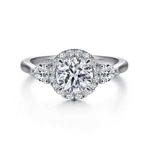 Ondine - 14k White Gold Round Halo Three Stone Diamond Engagement Ring