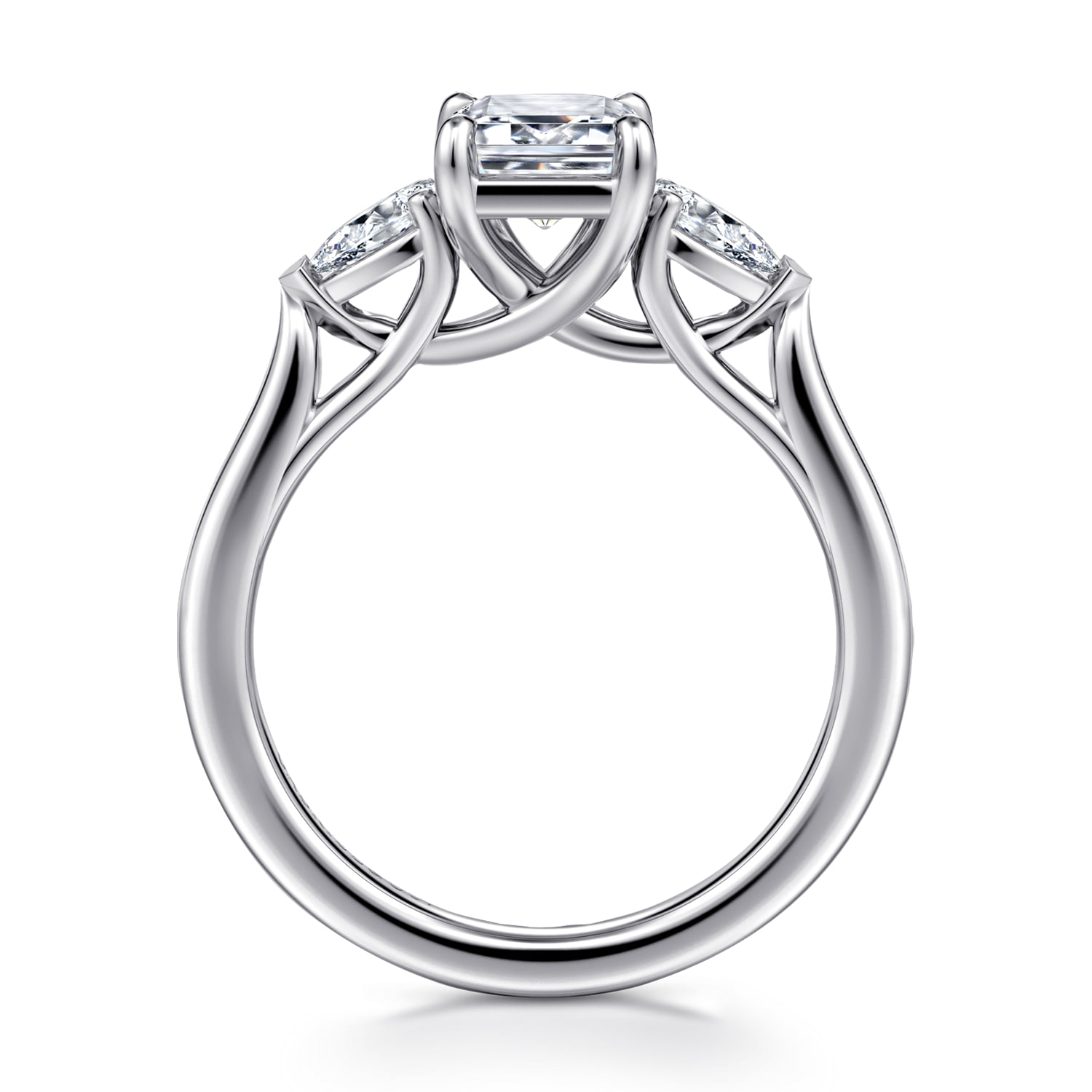 Emerald 3 Stone Diamond Engagement Ring in 14K White Gold, photograph 2