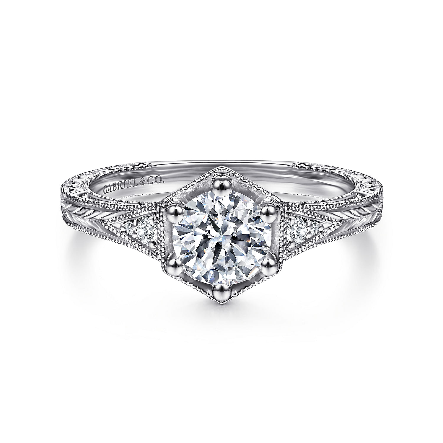 Vintage Inspired 14K White Gold Round Diamond Engagement