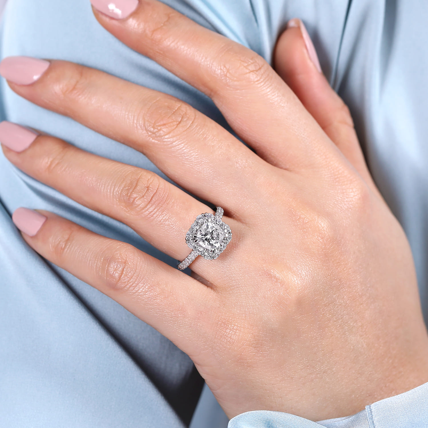 Cushion Halo Diamond Engagement Ring in 14K White Gold, photograph 6