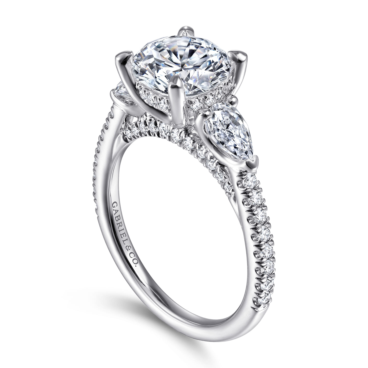 Round Three Stone Diamond Engagement Ring in 14K White Gold, photograph 3