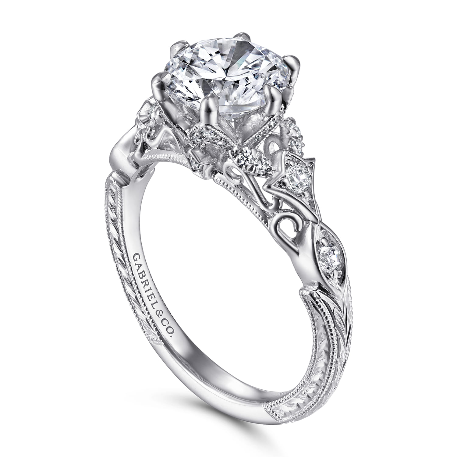 Round Vintage Inspired Diamond Engagement Ring in 14K White Gold, photograph 3
