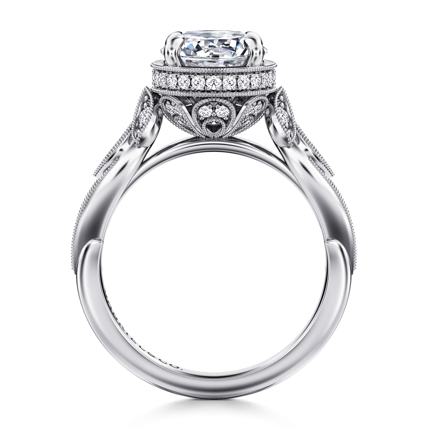Round Floral Diamond Engagement Ring in 14K White Gold, photograph 2