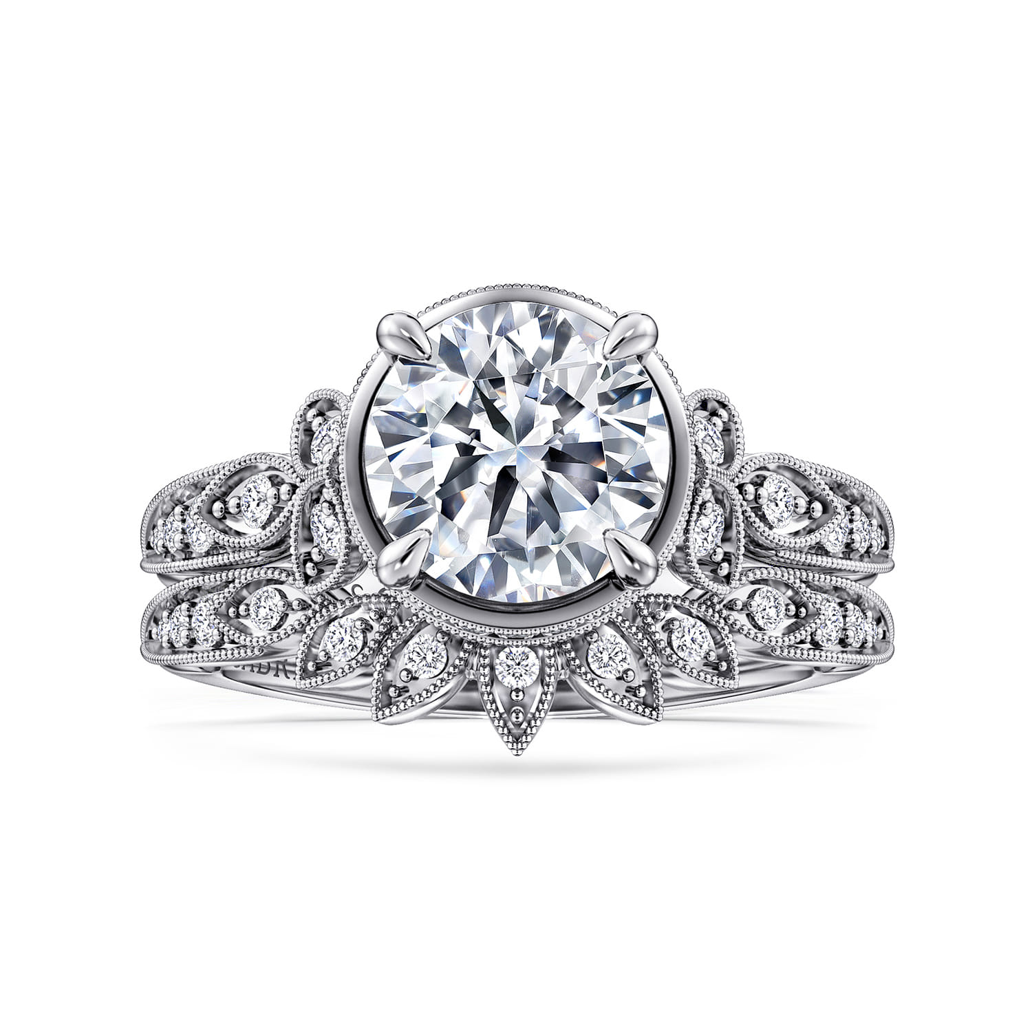 Round Floral Diamond Engagement Ring in 14K White Gold, photograph 4