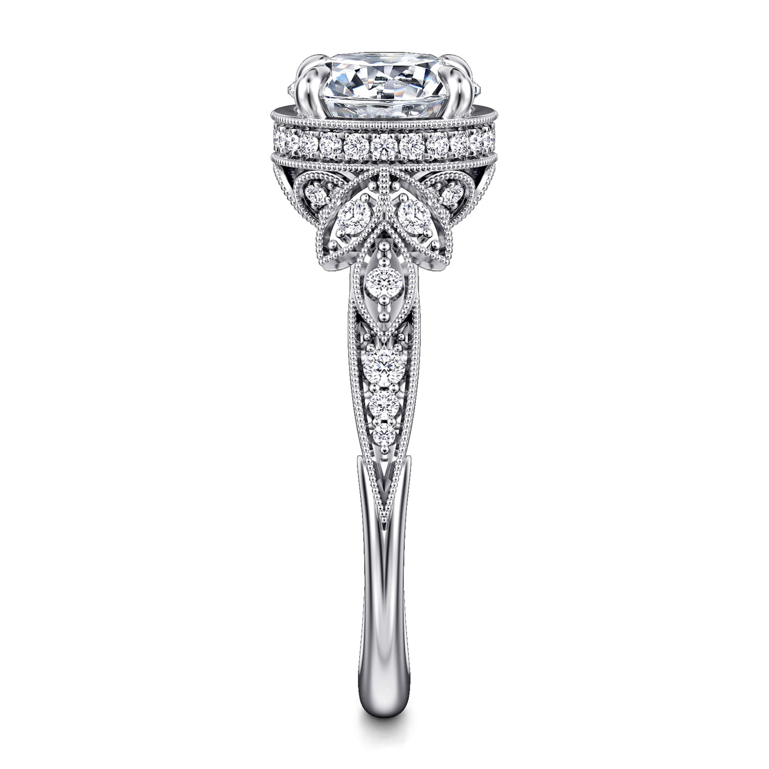 Round Floral Diamond Engagement Ring in 14K White Gold, photograph 5