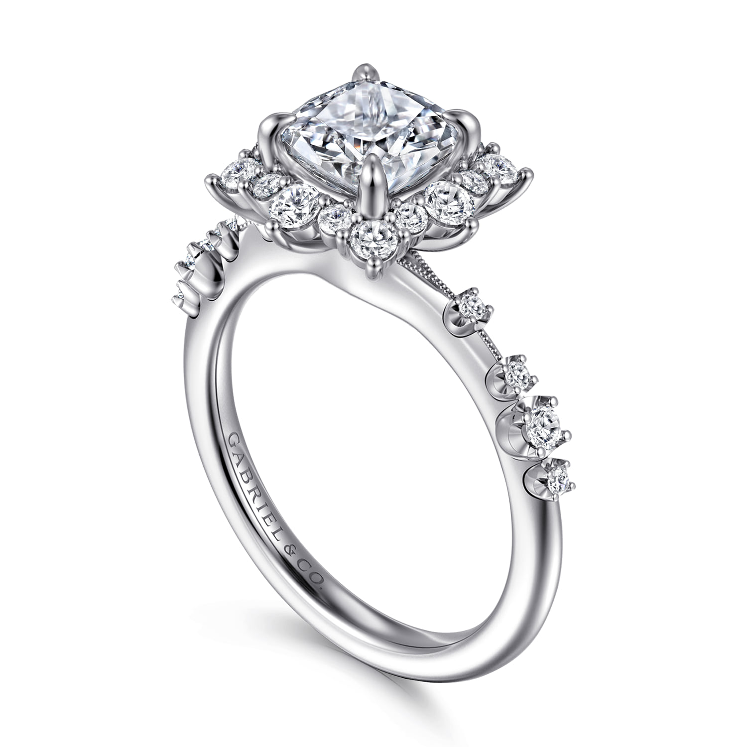 Cushion Fancy Halo Diamond Engagement Ring in 14K White Gold, photograph 3