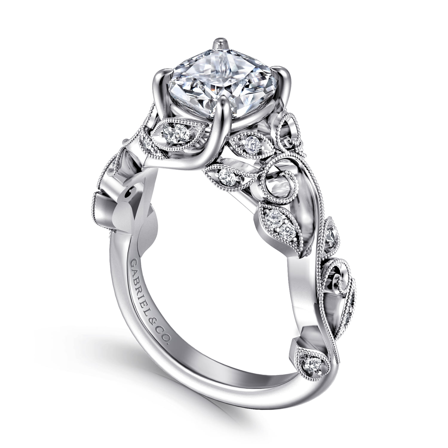 Cushion Floral Diamond Engagement Ring in 14K White Gold, photograph 3