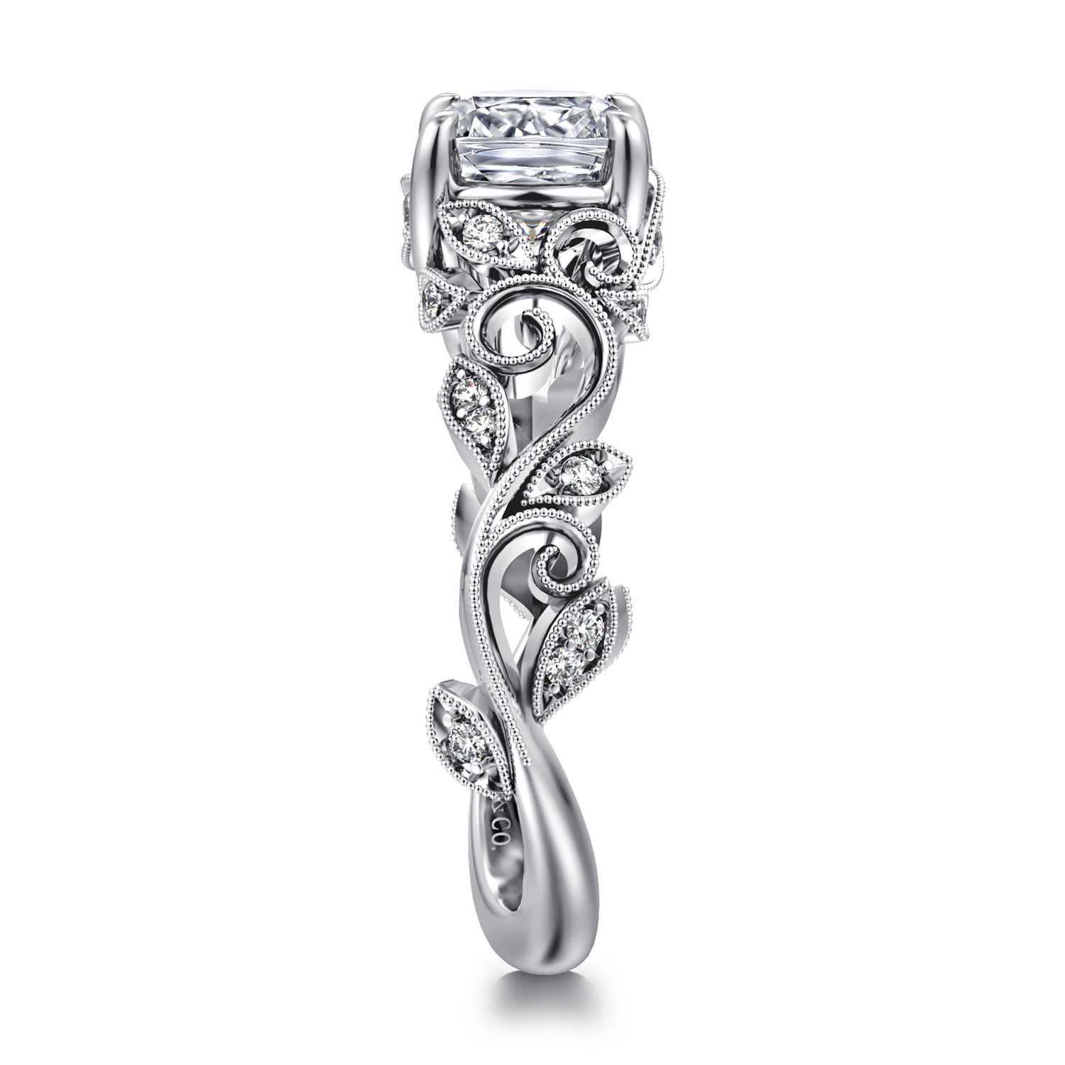 Cushion Floral Diamond Engagement Ring in 14K White Gold, photograph 4