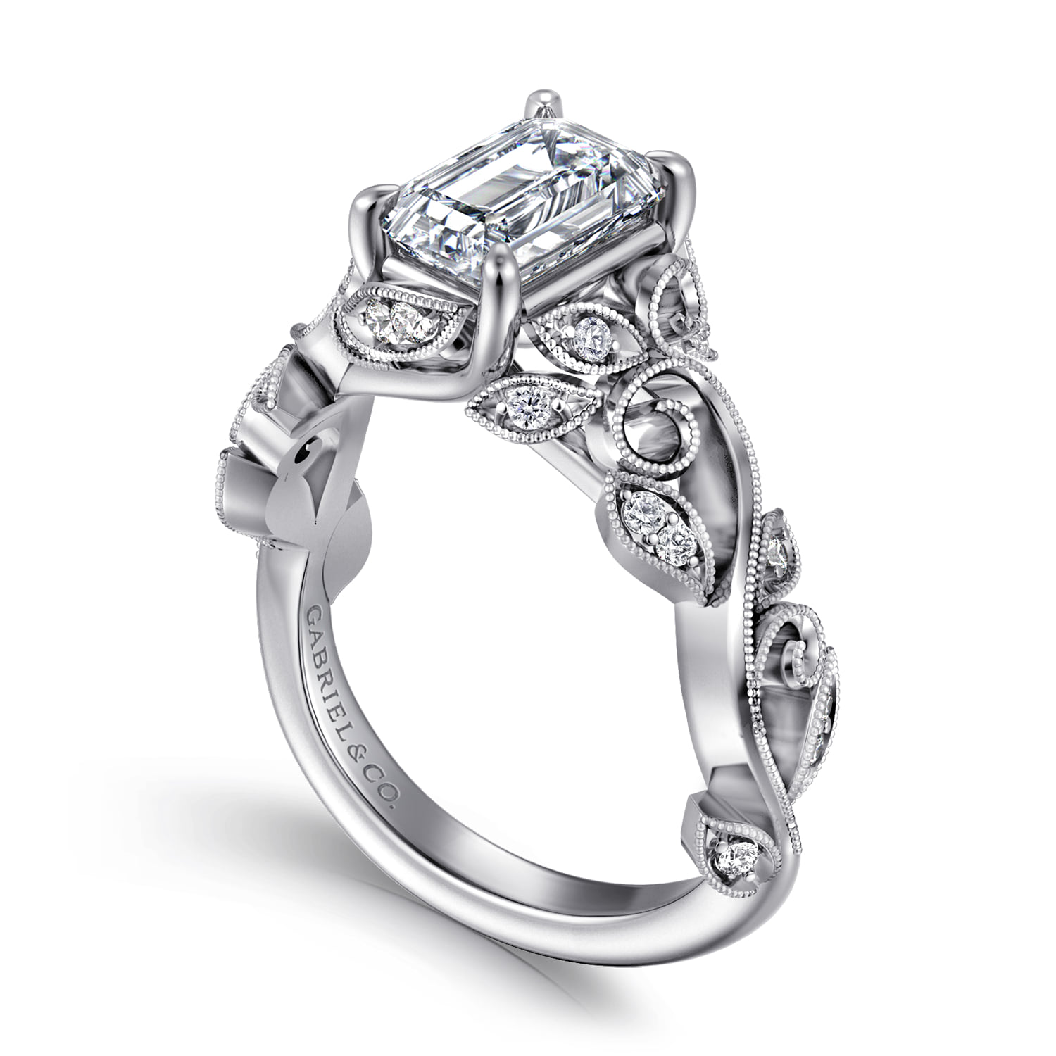 Emerald Floral Diamond Engagement Ring in 14K White Gold, photograph 3