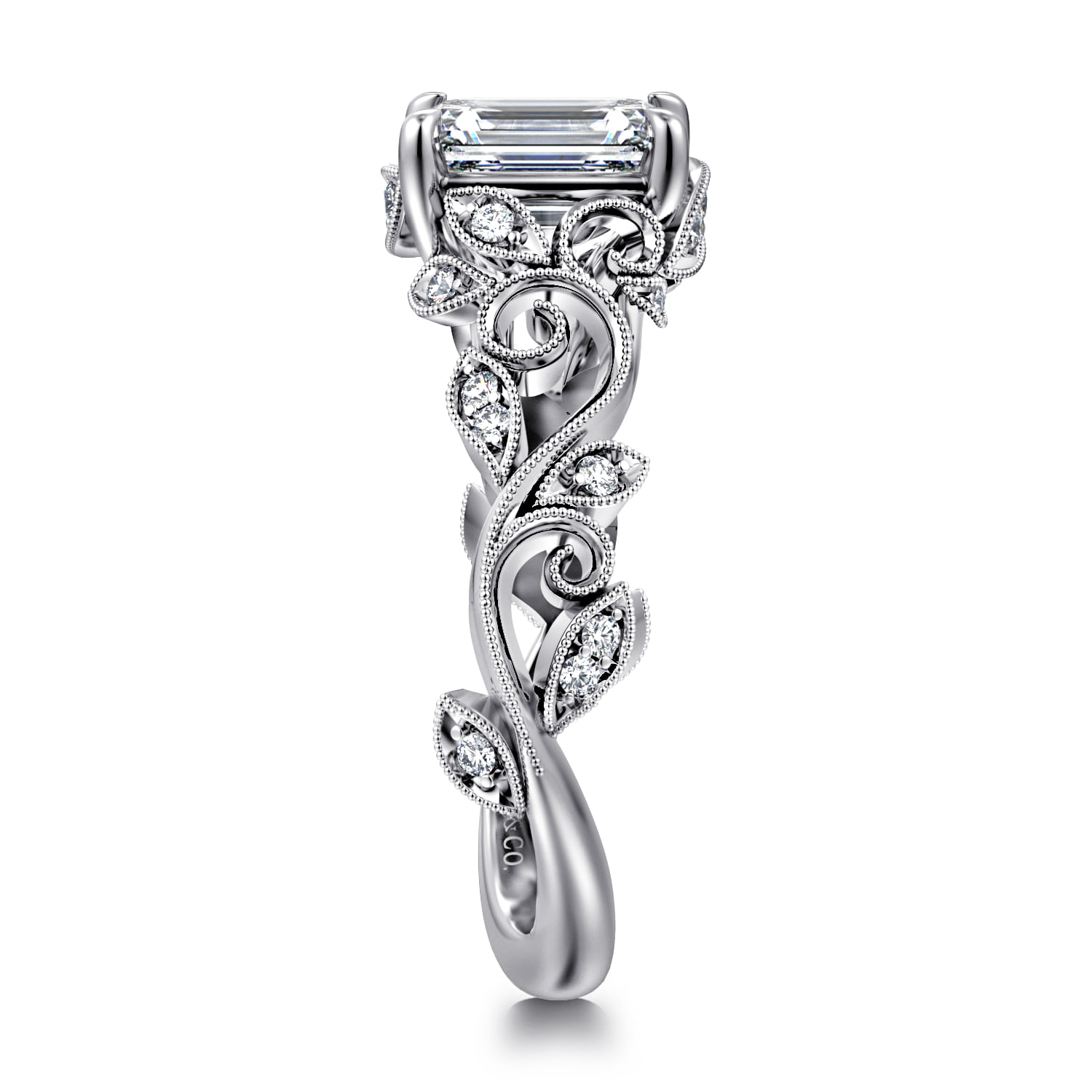Emerald Floral Diamond Engagement Ring in 14K White Gold, photograph 4