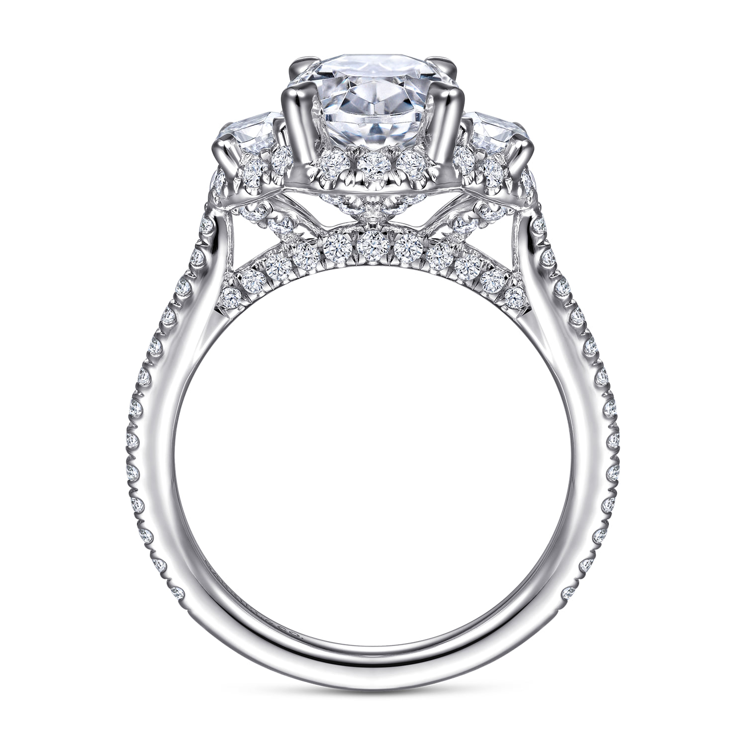 Oval Three Stone Halo Diamond Engagement Ring in 14K White Gold, photograph 2