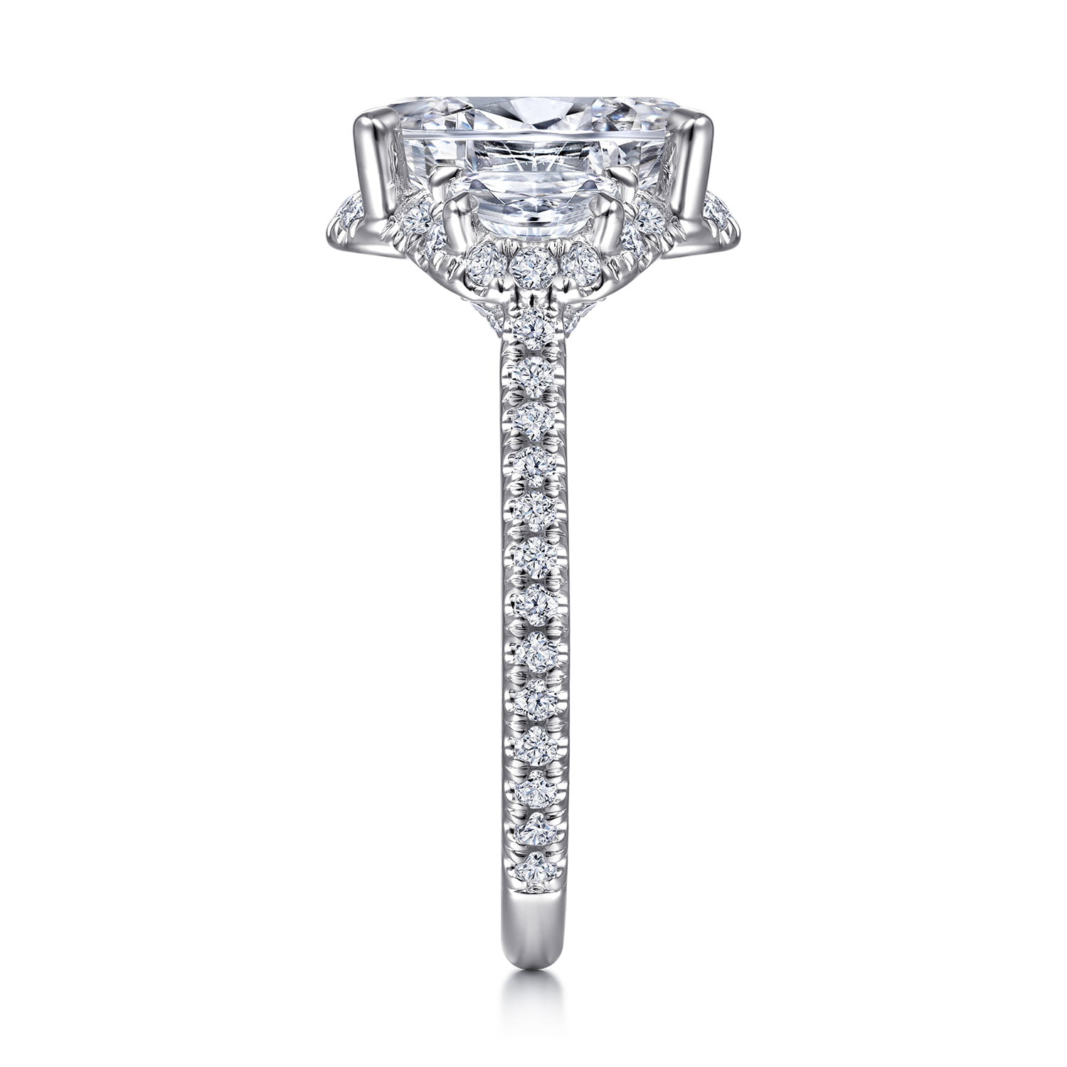 Oval Three Stone Halo Diamond Engagement Ring in 14K White Gold, photograph 5