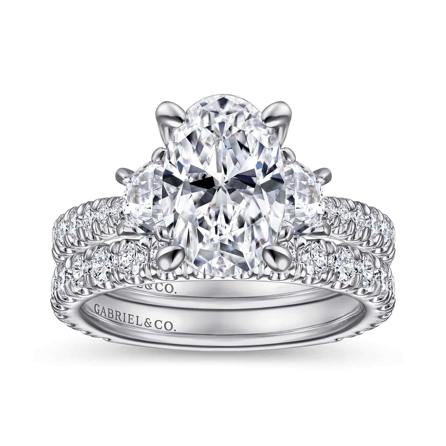 Oval Three Stone Diamond Engagement Ring in 14K White Gold, photograph 4