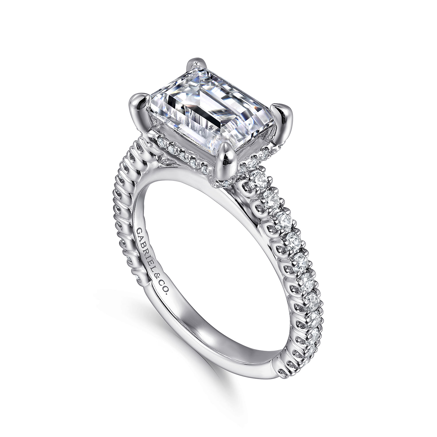 East West Emerald Diamond Engagement Ring in 14K White Gold, photograph 3