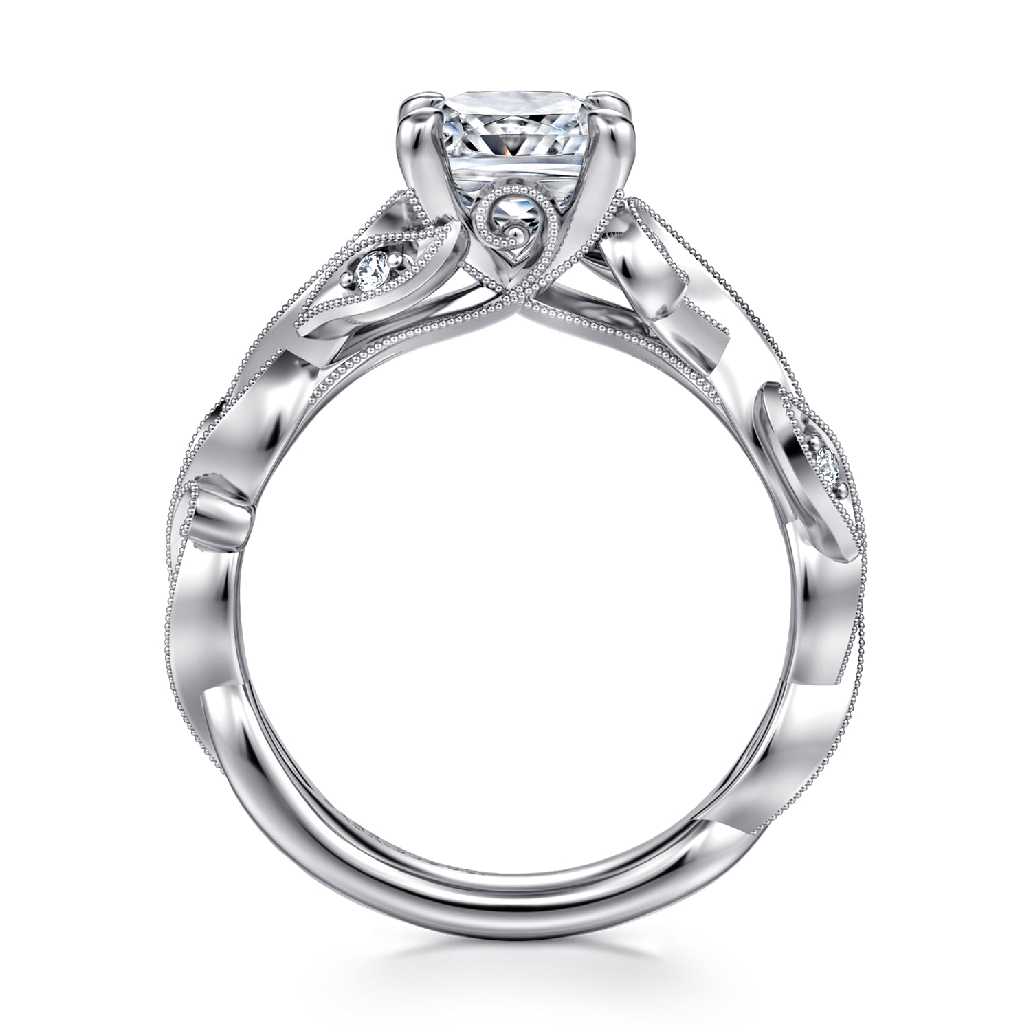 Cushion Floral Diamond Engagement Ring in 14K White Gold, photograph 2