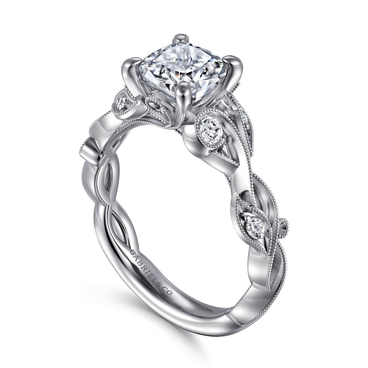 Cushion Floral Diamond Engagement Ring in 14K White Gold, photograph 3