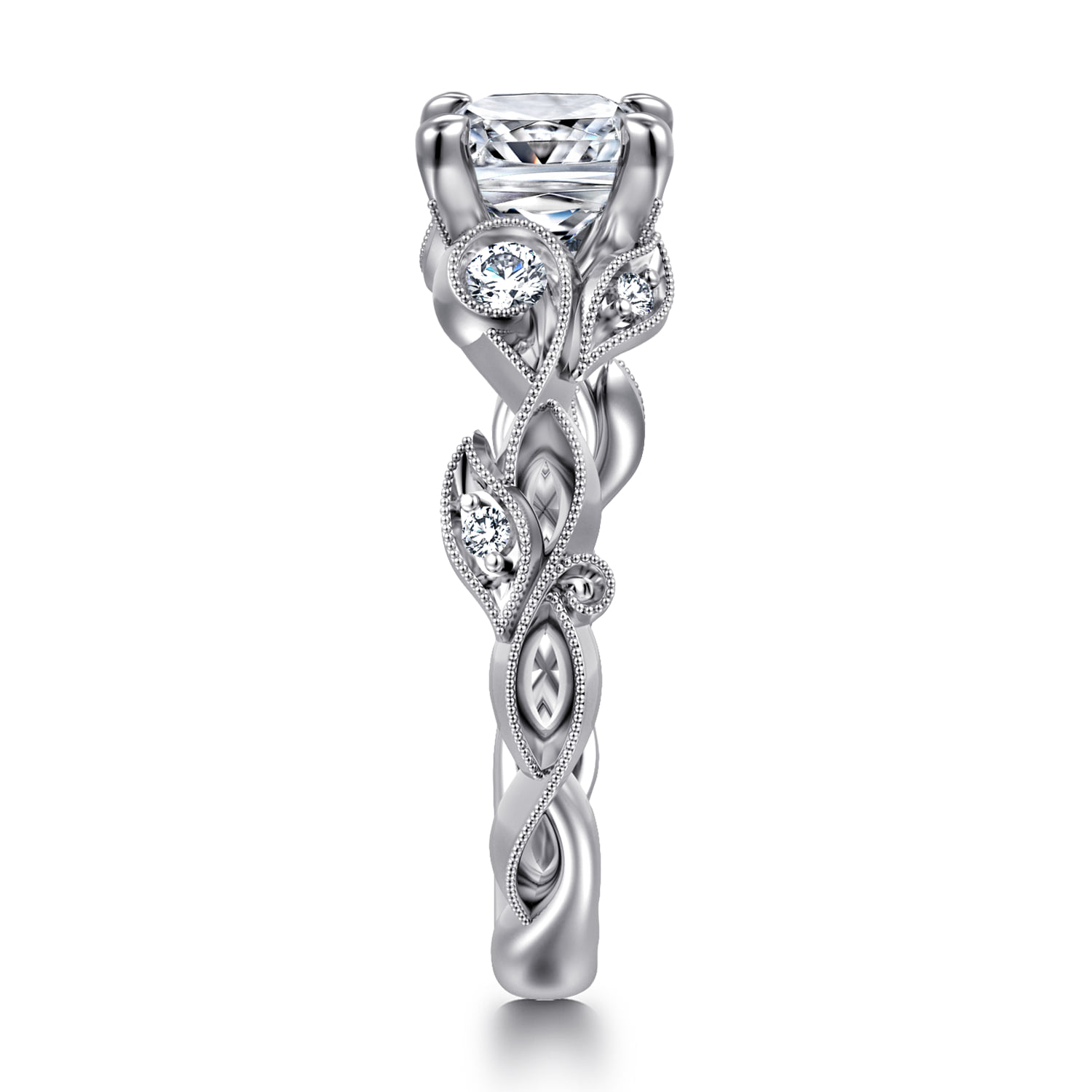 Cushion Floral Diamond Engagement Ring in 14K White Gold, photograph 4