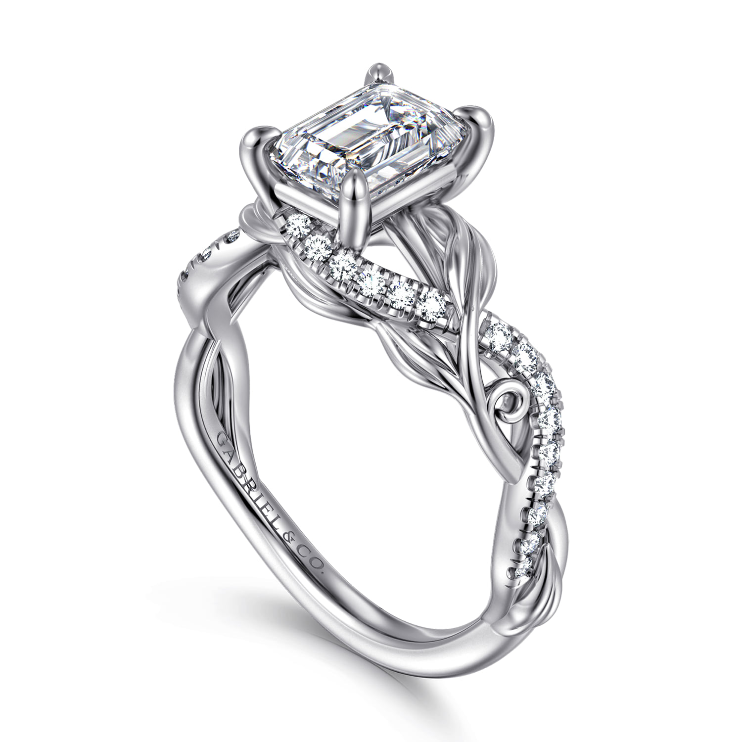 Emerald Floral Diamond Engagement Ring in 14K White Gold, photograph 3