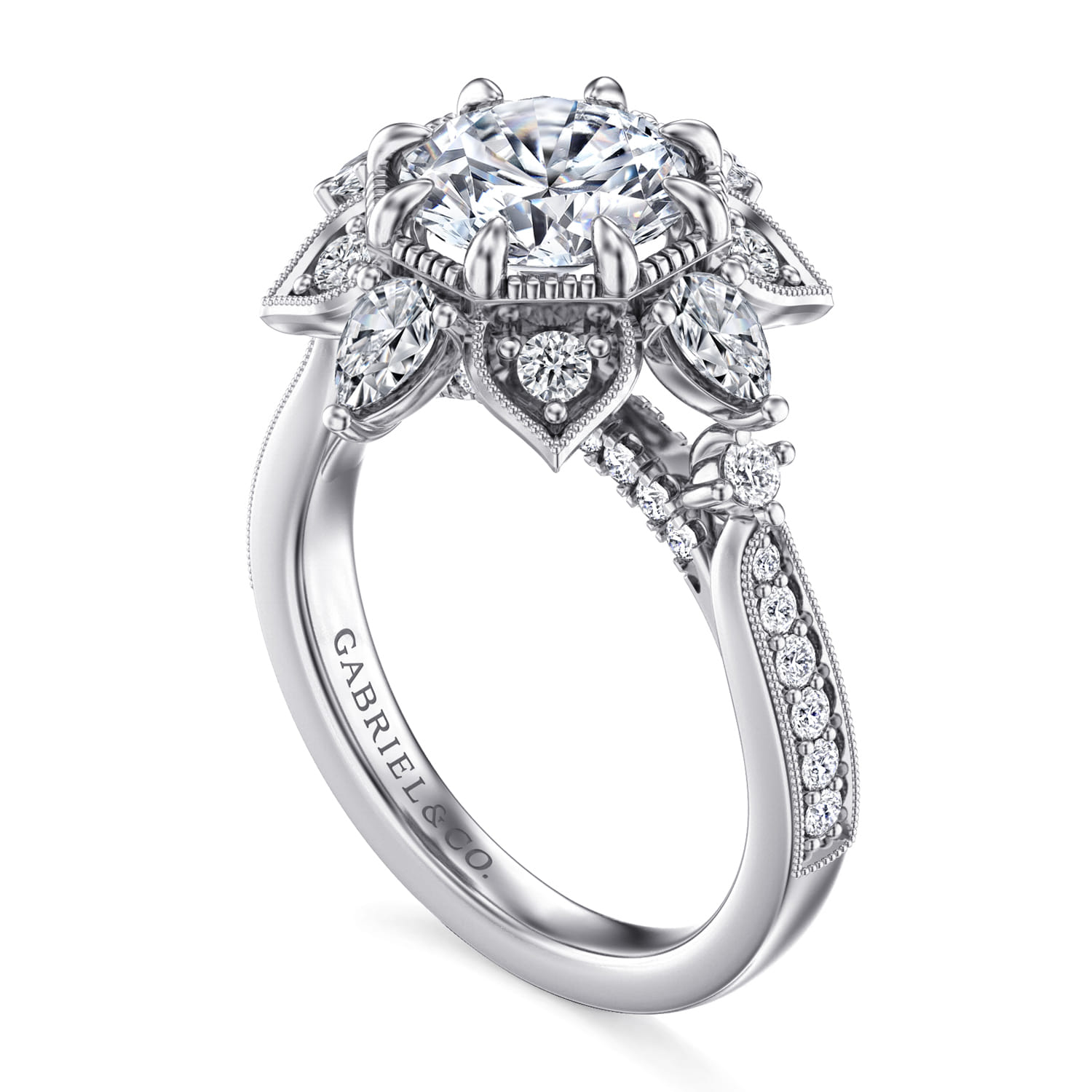 Round Floral Halo Diamond Engagement Ring in 14K White Gold, photograph 3
