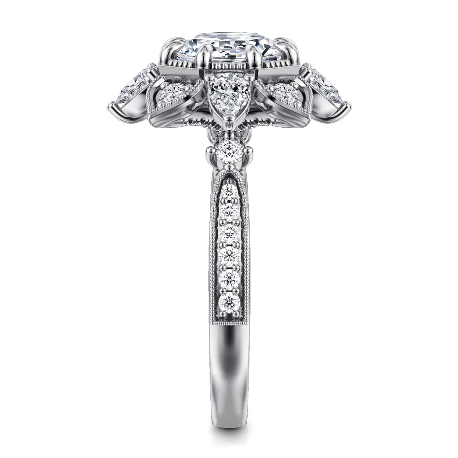 Round Floral Halo Diamond Engagement Ring in 14K White Gold, photograph 4