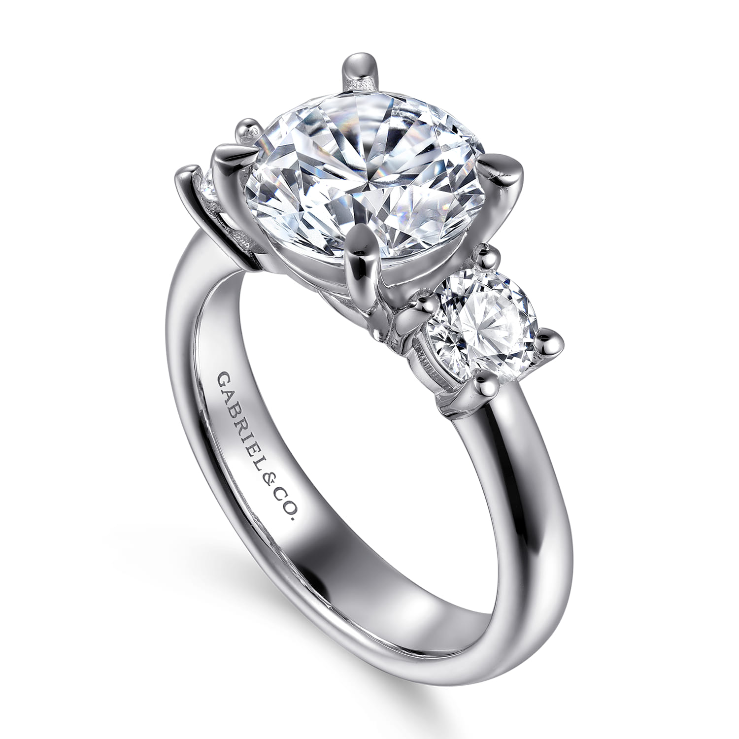 Round Three Stone Diamond Engagement Ring in 14K White Gold, photograph 3