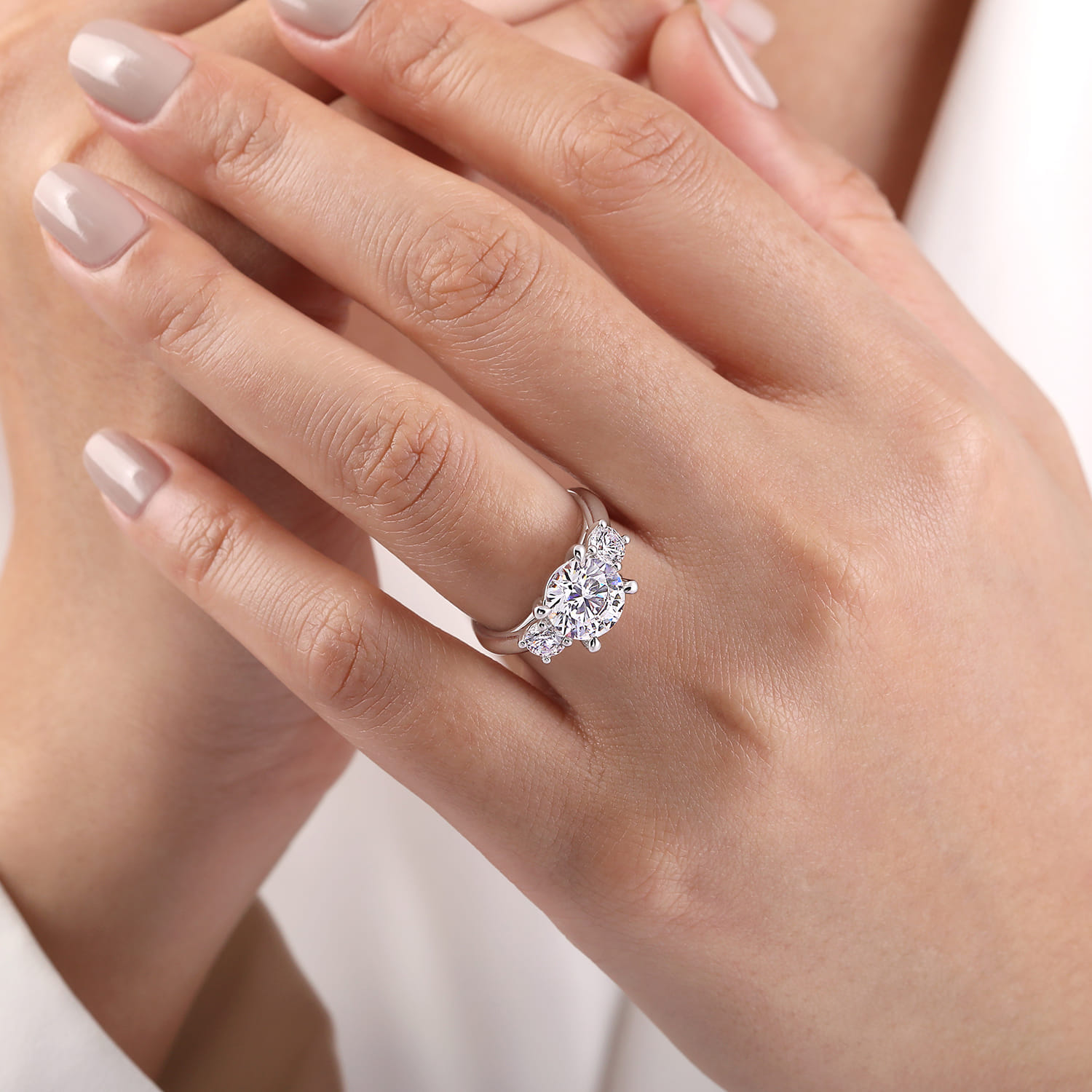 Round Three Stone Diamond Engagement Ring in 14K White Gold, photograph 6