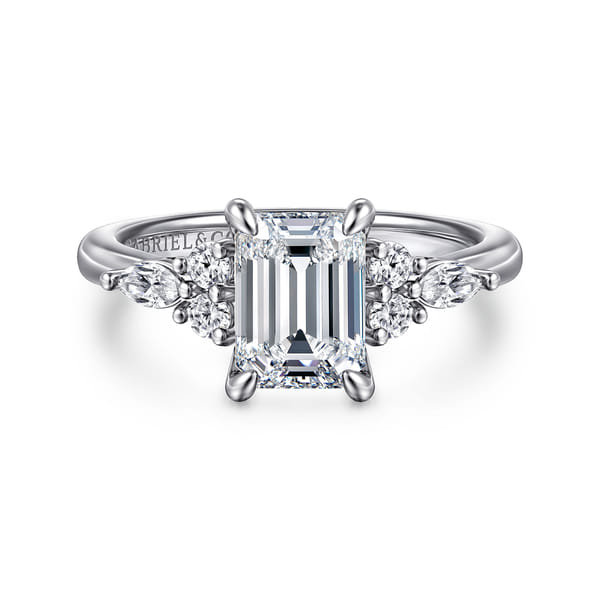 14K White Gold Emerald Cut Diamond Cluster Engagement Ring