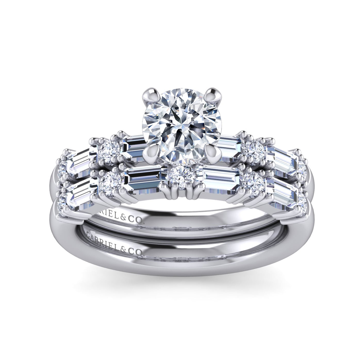 Round Baguette and Diamond Engagement Ring in 14K White Gold, photograph 4