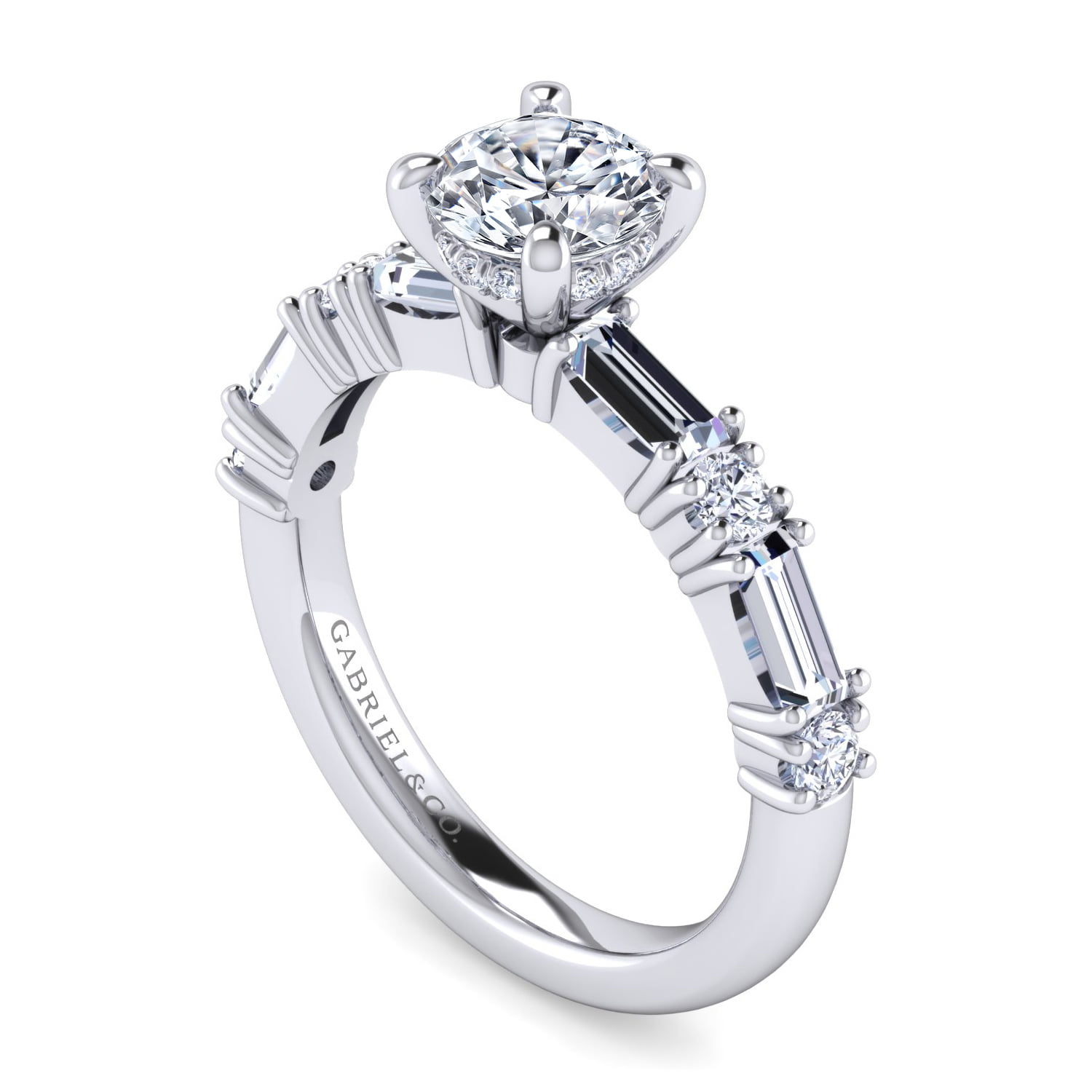 Round Baguette and Diamond Engagement Ring in 14K White Gold, photograph 3