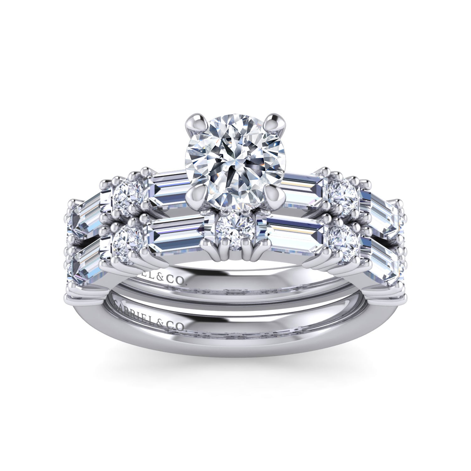 Round Baguette and Diamond Engagement Ring in 14K White Gold, photograph 4