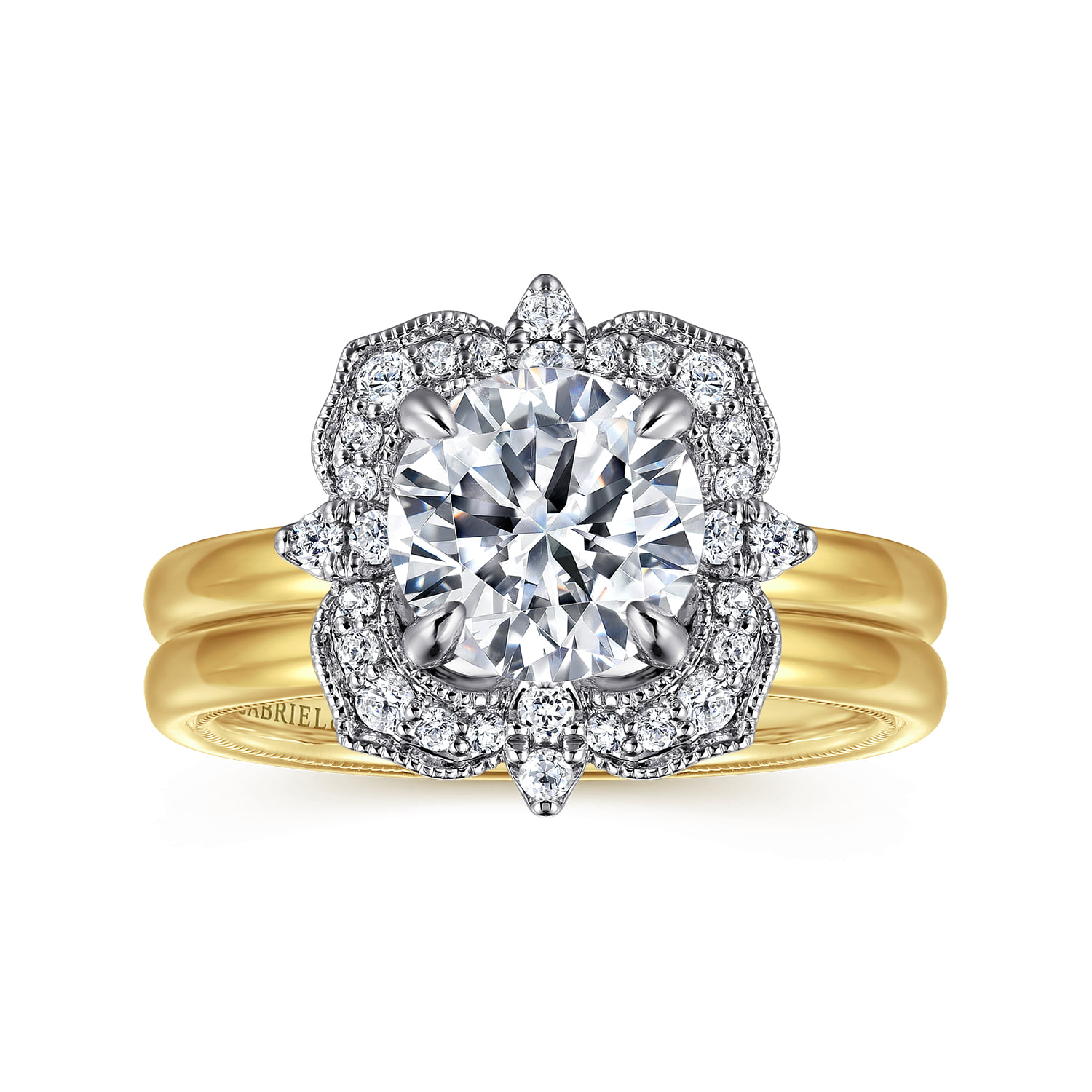 Round Double Halo Diamond Engagement Ring in 14K Yellow Gold, photograph 4