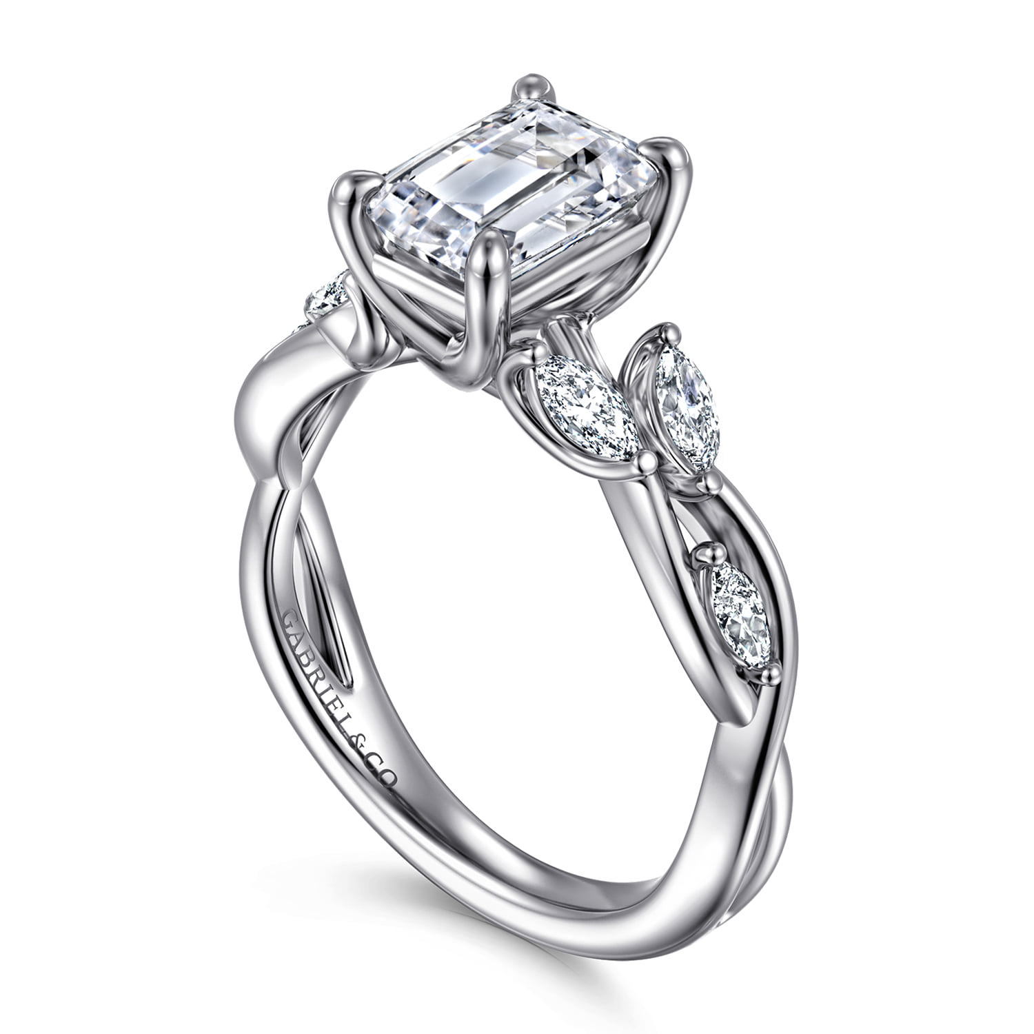 Emerald Floral Diamond Engagement Ring in 14K White Gold, photograph 3