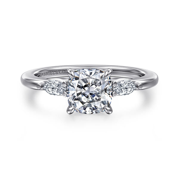 14K White Gold Cushion Cut Three Stone Diamond Engagement Ring