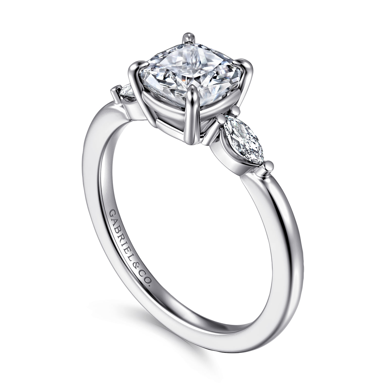 Cushion Three Stone Diamond Engagement Ring in 14K White Gold, photograph 3