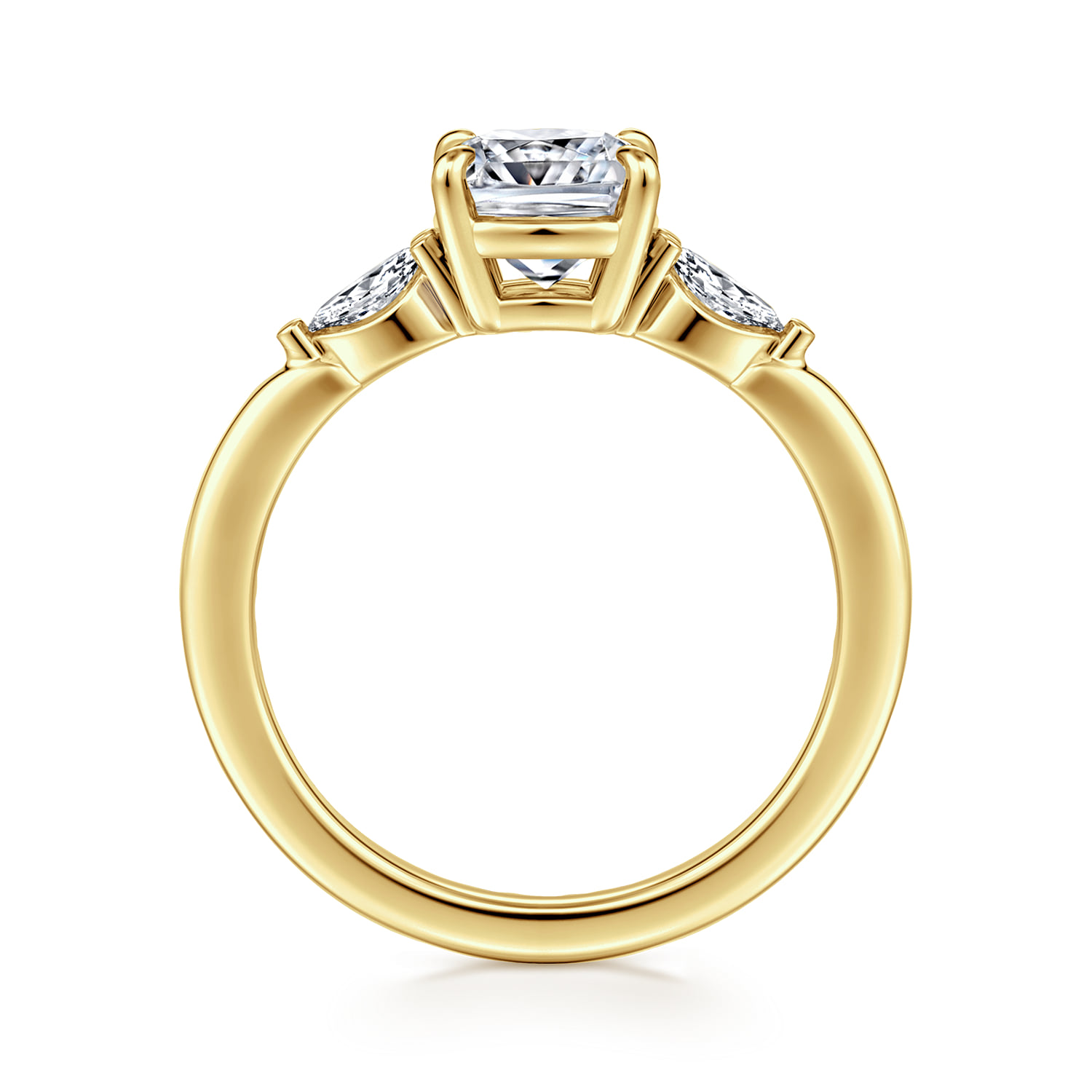 Cushion Three Stone Diamond Engagement Ring in 14K Yellow Gold, photograph 2