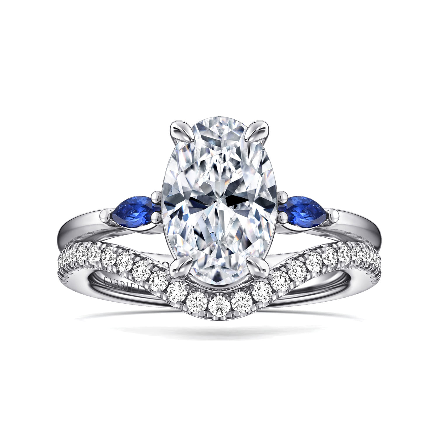 Round Three Stone Diamond and Sapphire Engagement Ring in 14K White Gold, photograph 4