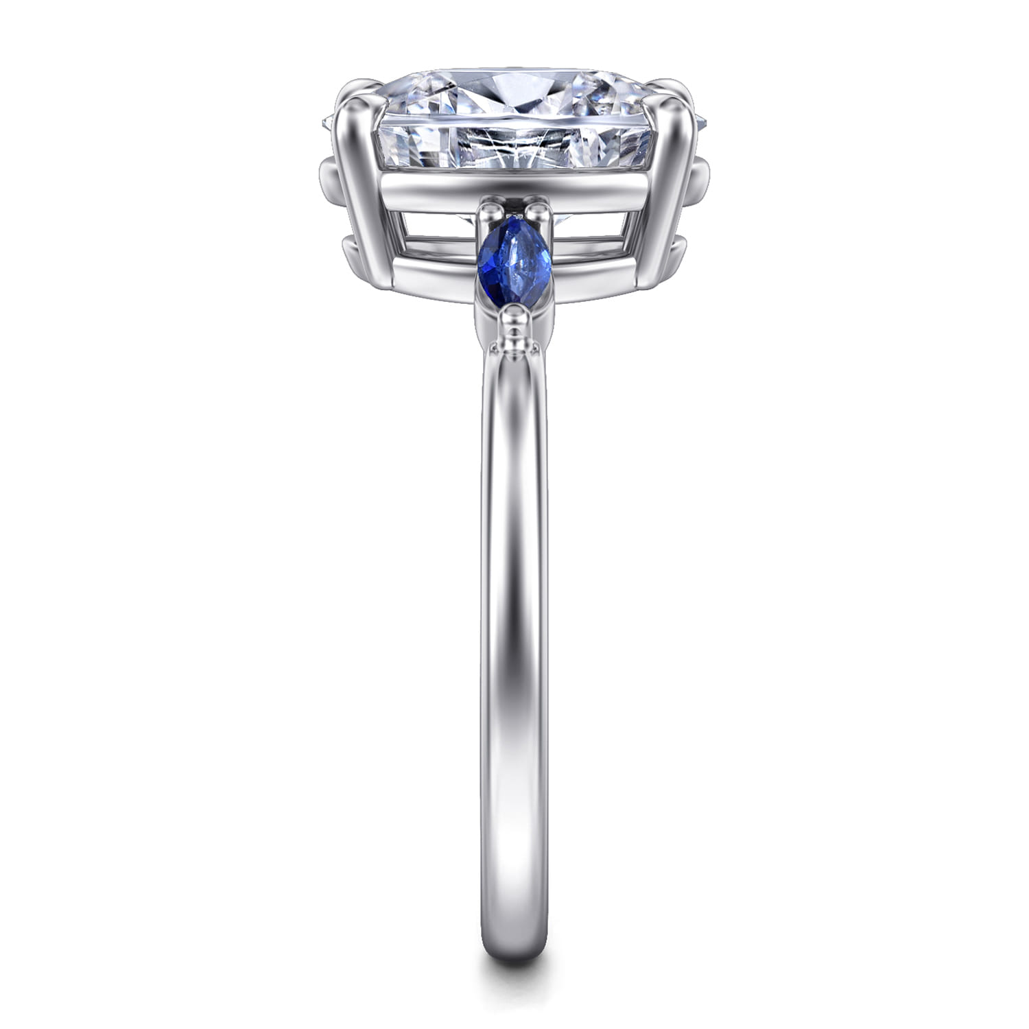 Round Three Stone Diamond and Sapphire Engagement Ring in 14K White Gold, photograph 5