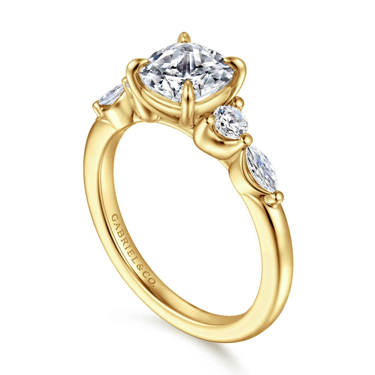 Cushion Five Stone Diamond Engagement Ring in 14K Yellow Gold, photograph 3
