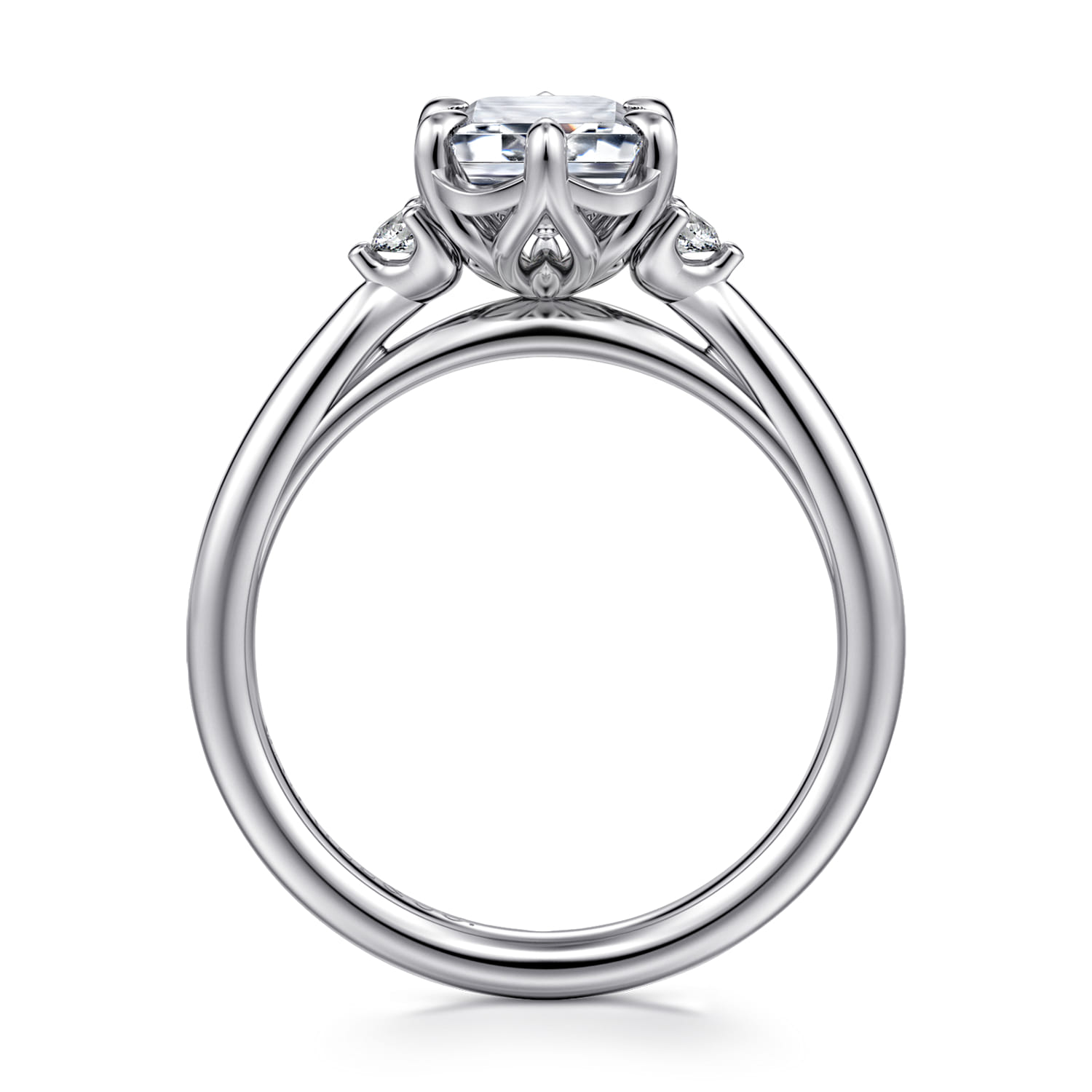 Emerald Three Stone Diamond Engagement Ring in 14K White Gold, photograph 2