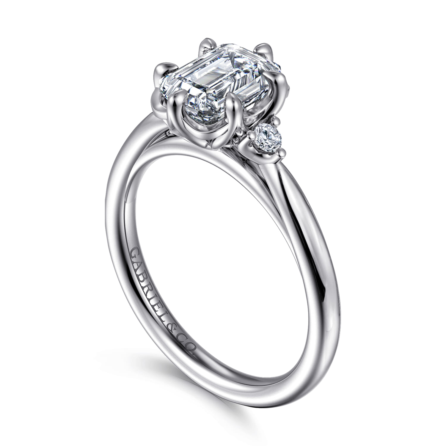 Emerald Three Stone Diamond Engagement Ring in 14K White Gold, photograph 3