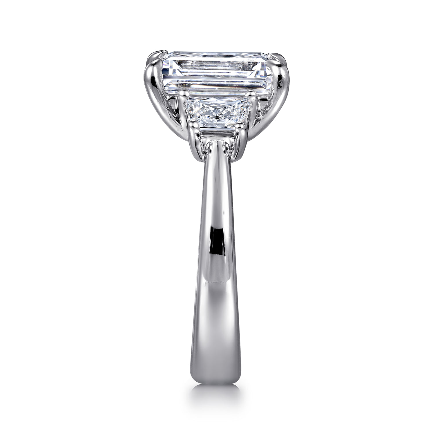 Emerald Trapezoid Cut Three Stone Diamond Engagement Ring in 14K White Gold, photograph 5