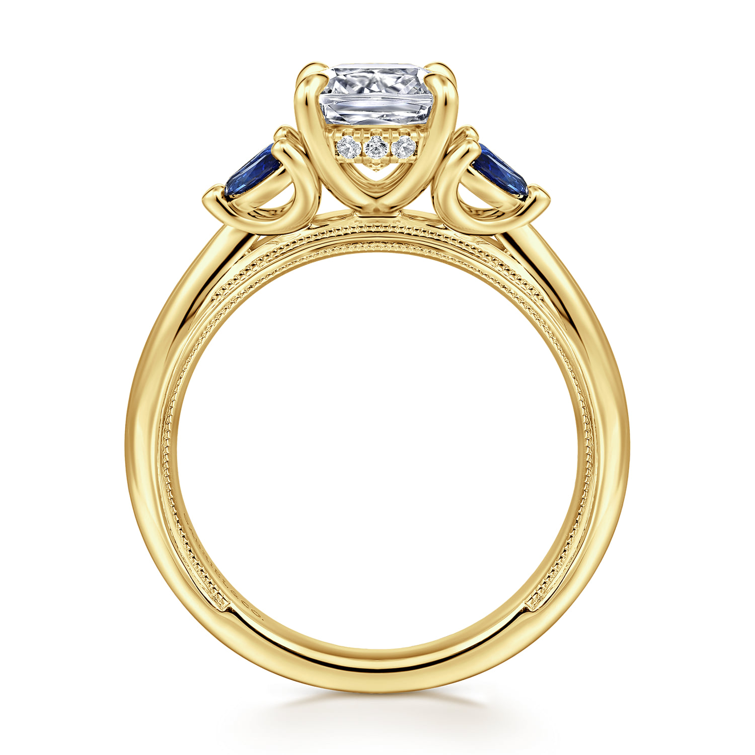 Cushion Round Diamond and Sapphire Engagement Ring in 14K Yellow Gold, photograph 2