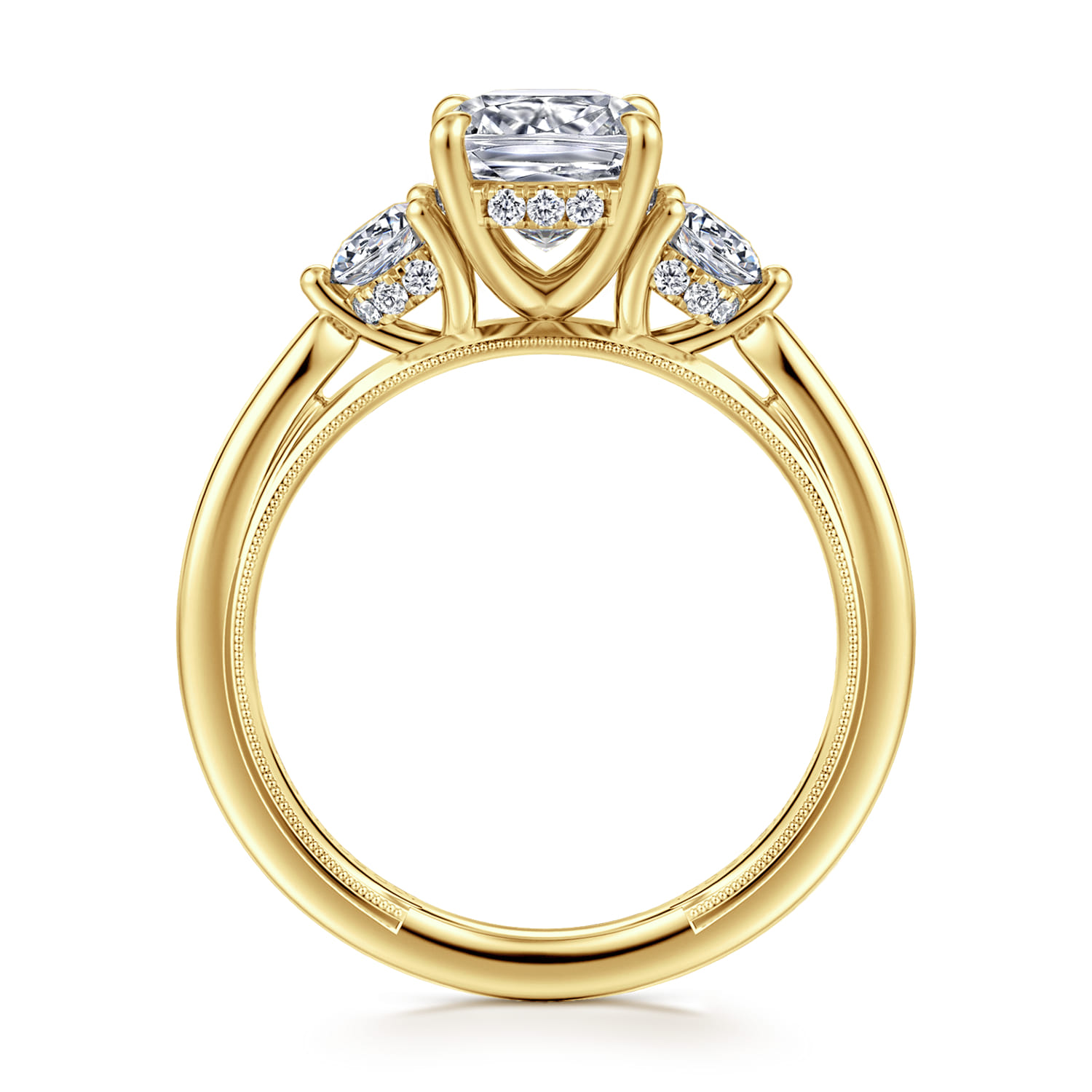 Cushion Three Stone Diamond Engagement Ring in 14K Yellow Gold, photograph 2