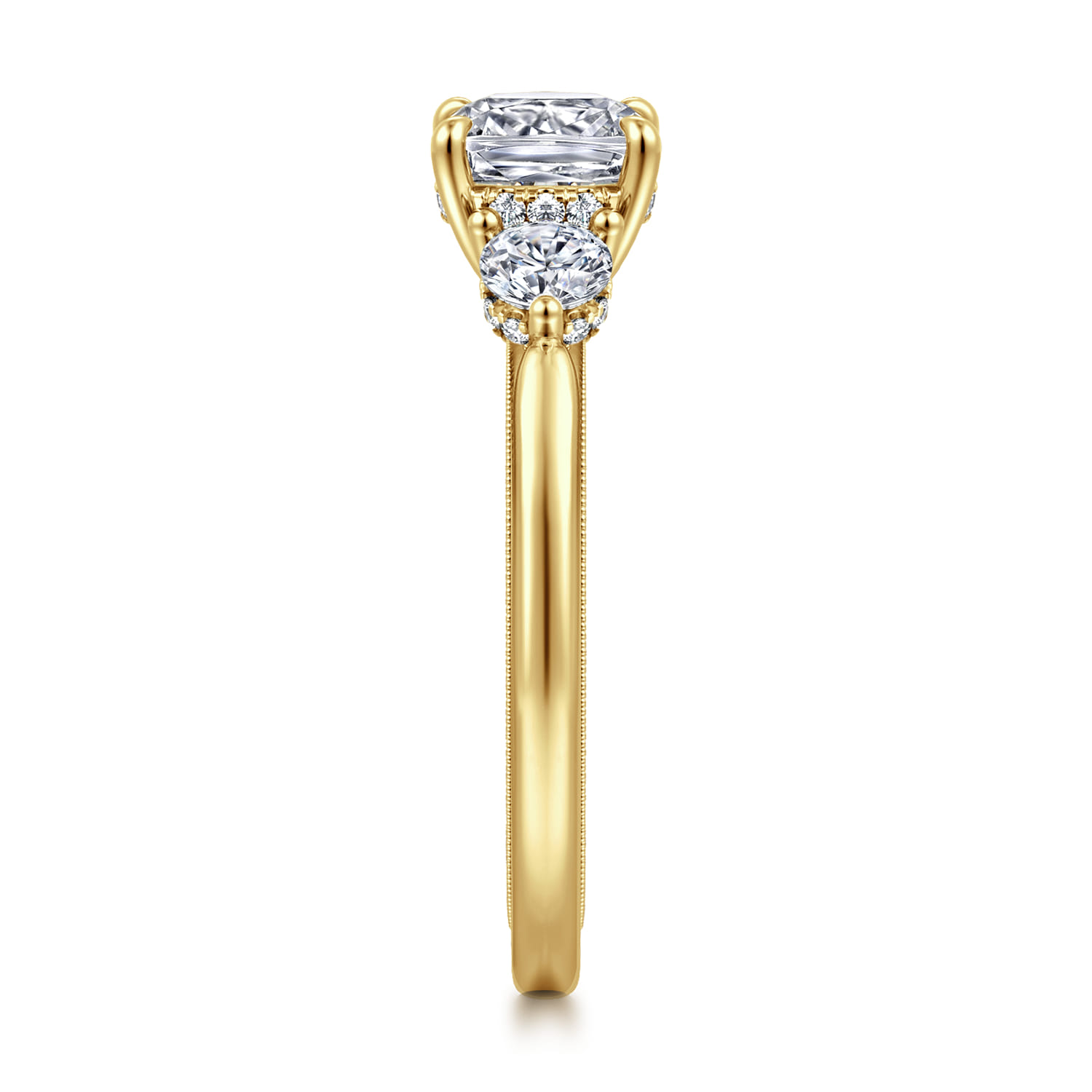 Cushion Three Stone Diamond Engagement Ring in 14K Yellow Gold, photograph 4