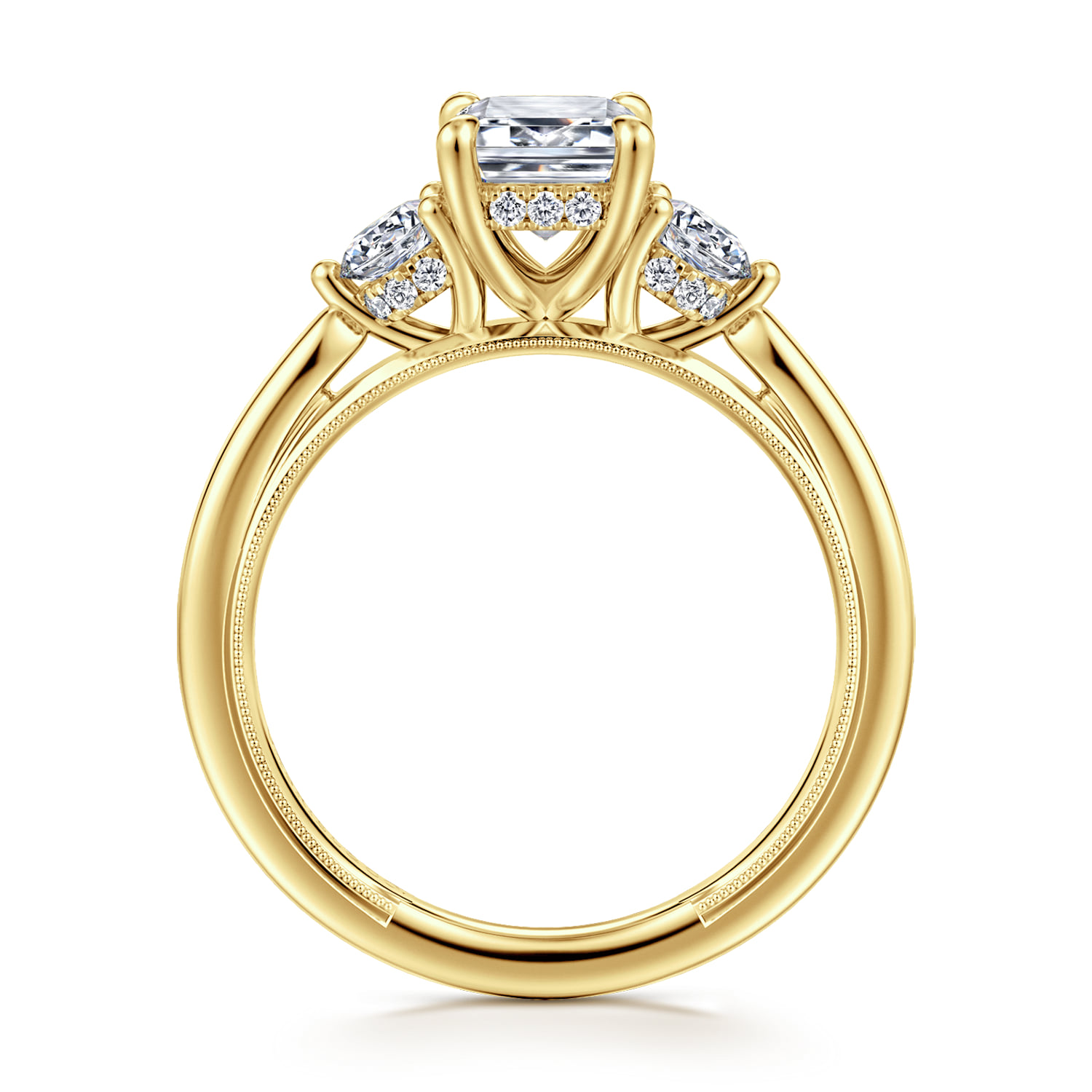 Emerald Three Stone Diamond Engagement Ring in 14K Yellow Gold, photograph 2