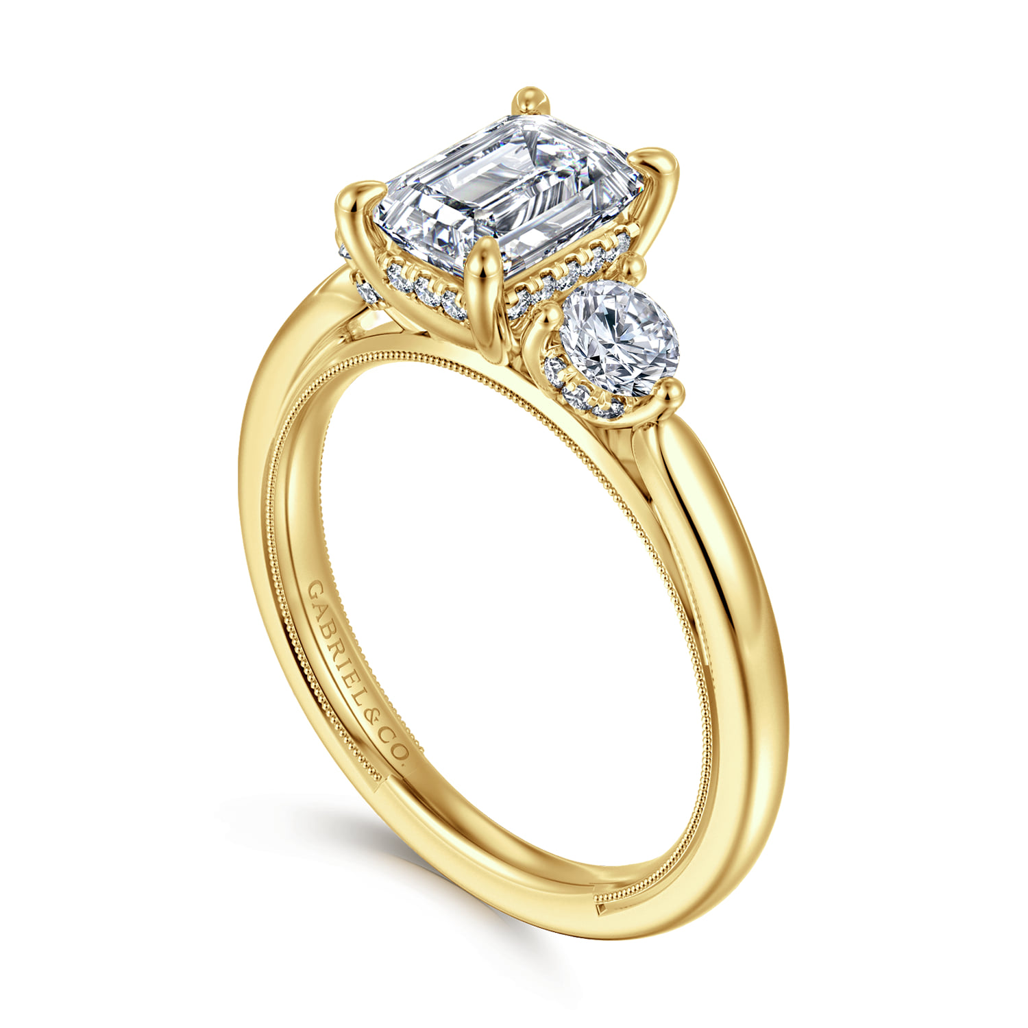 Emerald Three Stone Diamond Engagement Ring in 14K Yellow Gold, photograph 3