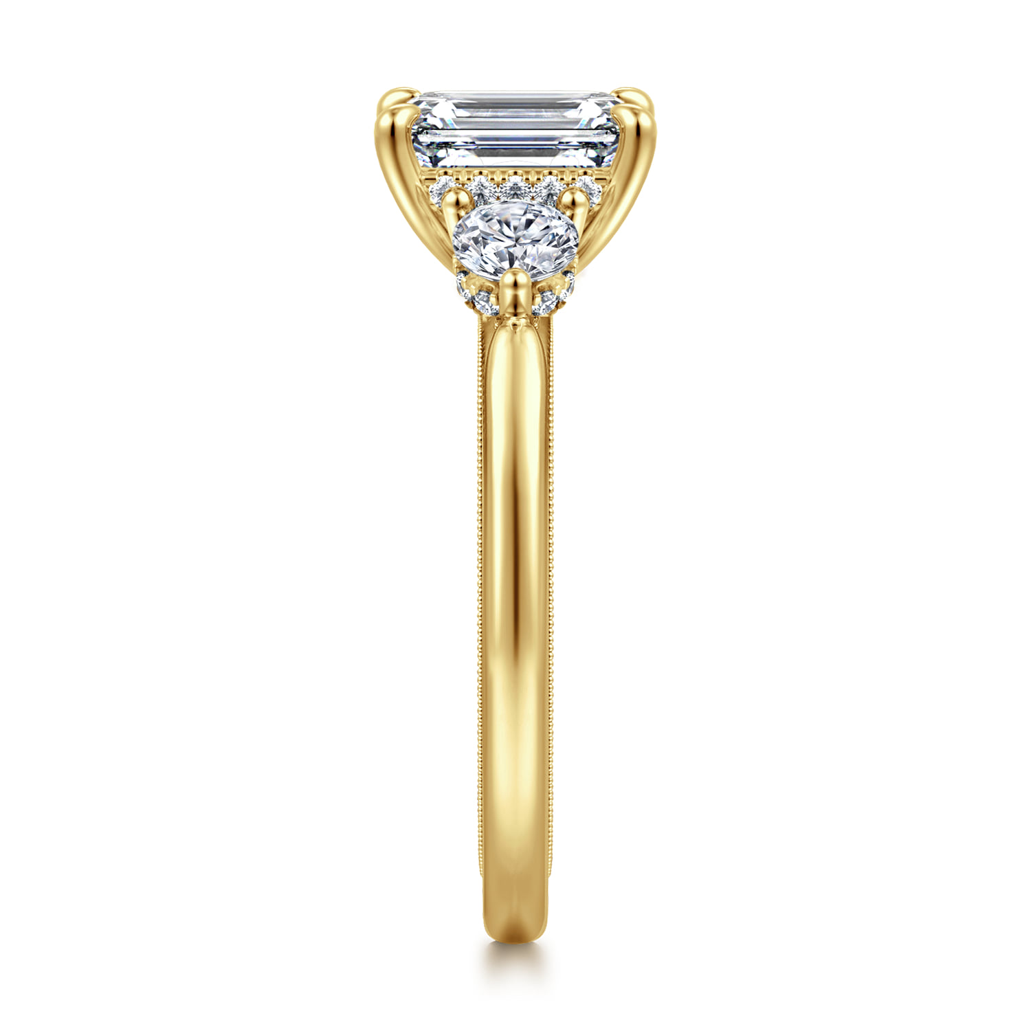 Emerald Three Stone Diamond Engagement Ring in 14K Yellow Gold, photograph 4