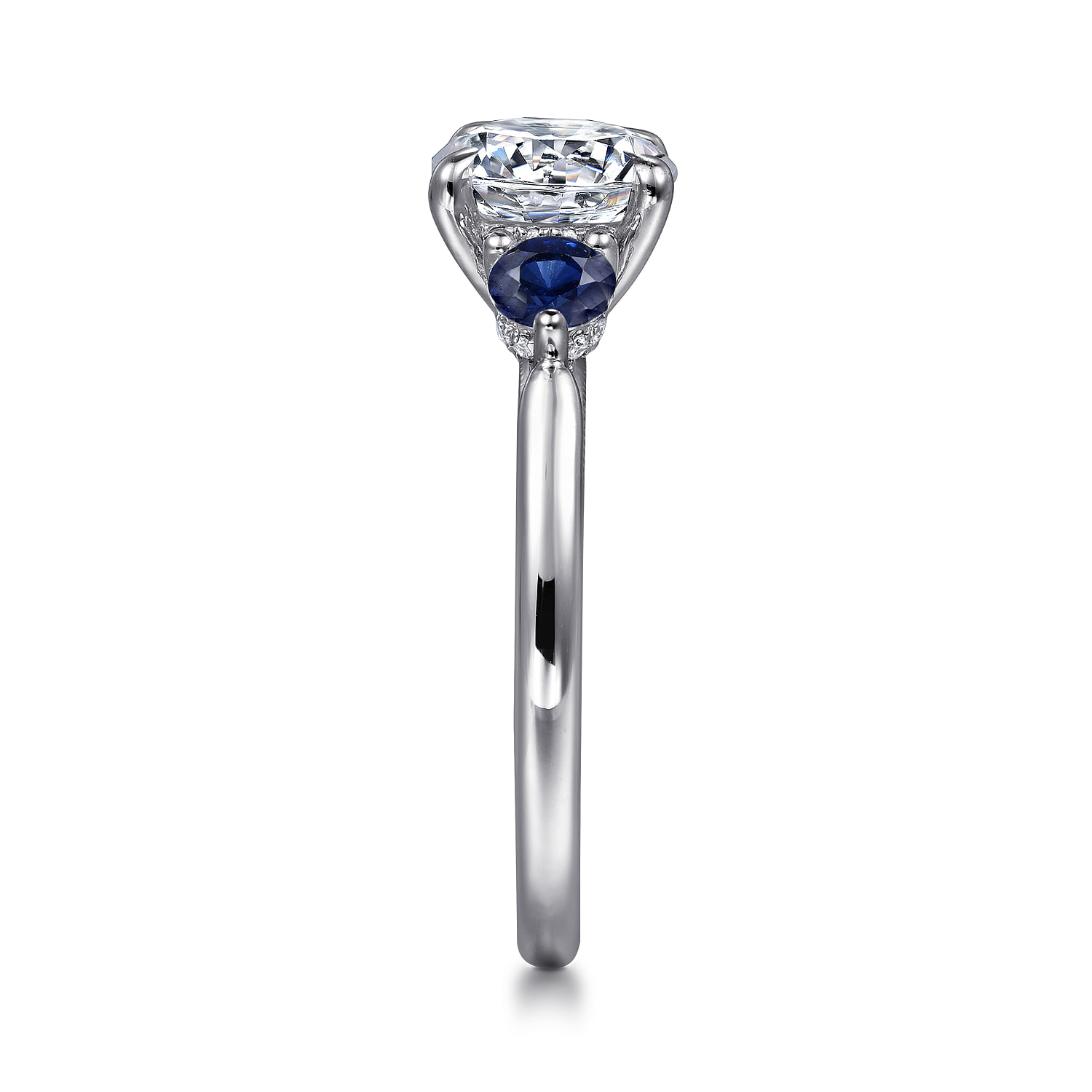Round Three Stone Diamond and Sapphire Engagement Ring in 14K White Gold, photograph 4